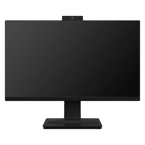 A black computer monitor with a built-in webcam on top, displayed against a white background.
