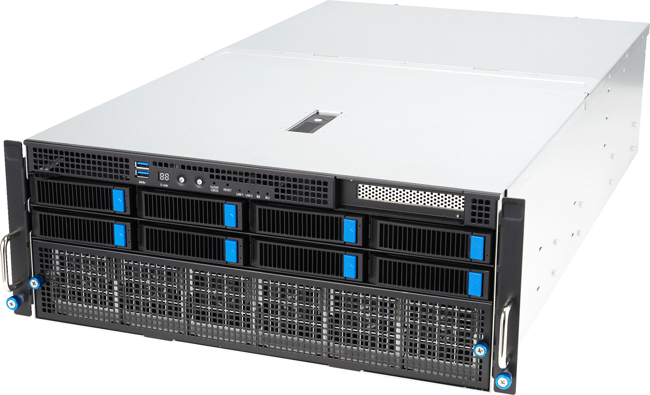 A rackmount server with multiple front-facing drive bays, cooling fans, and control panel, housed in a metal enclosure.