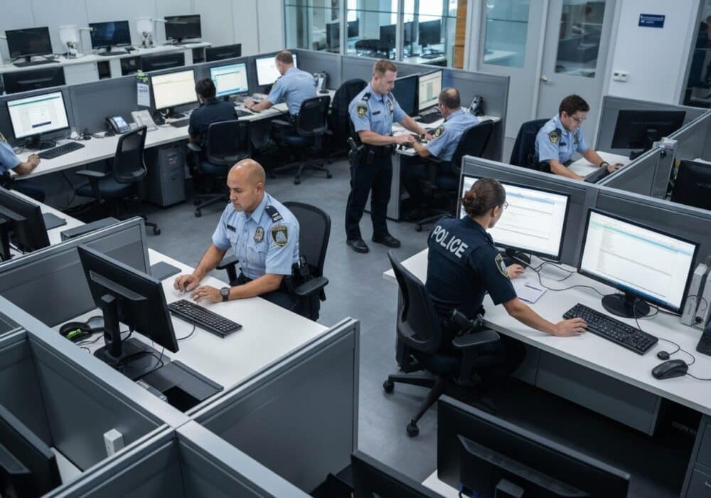 Several State police officers in uniform work at computers in a modern office with cubicles and multiple computer monitors.