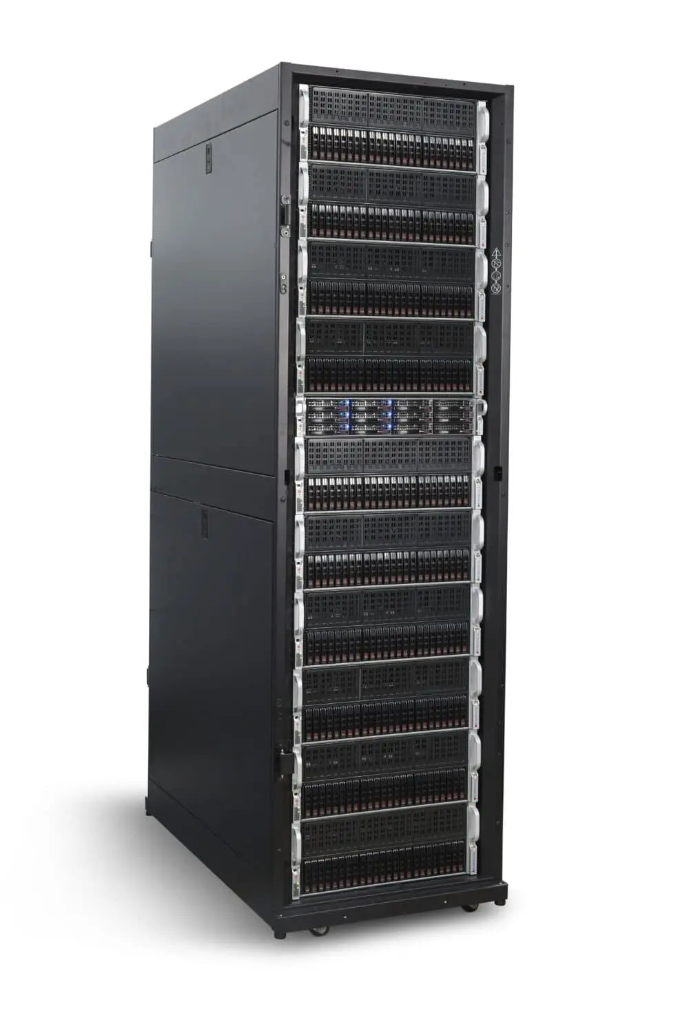A black server rack with multiple racks showcasing technology products.