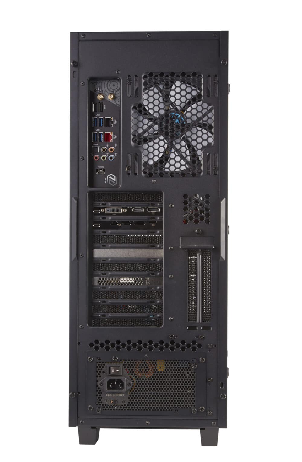 A black computer case with a fan on the side.