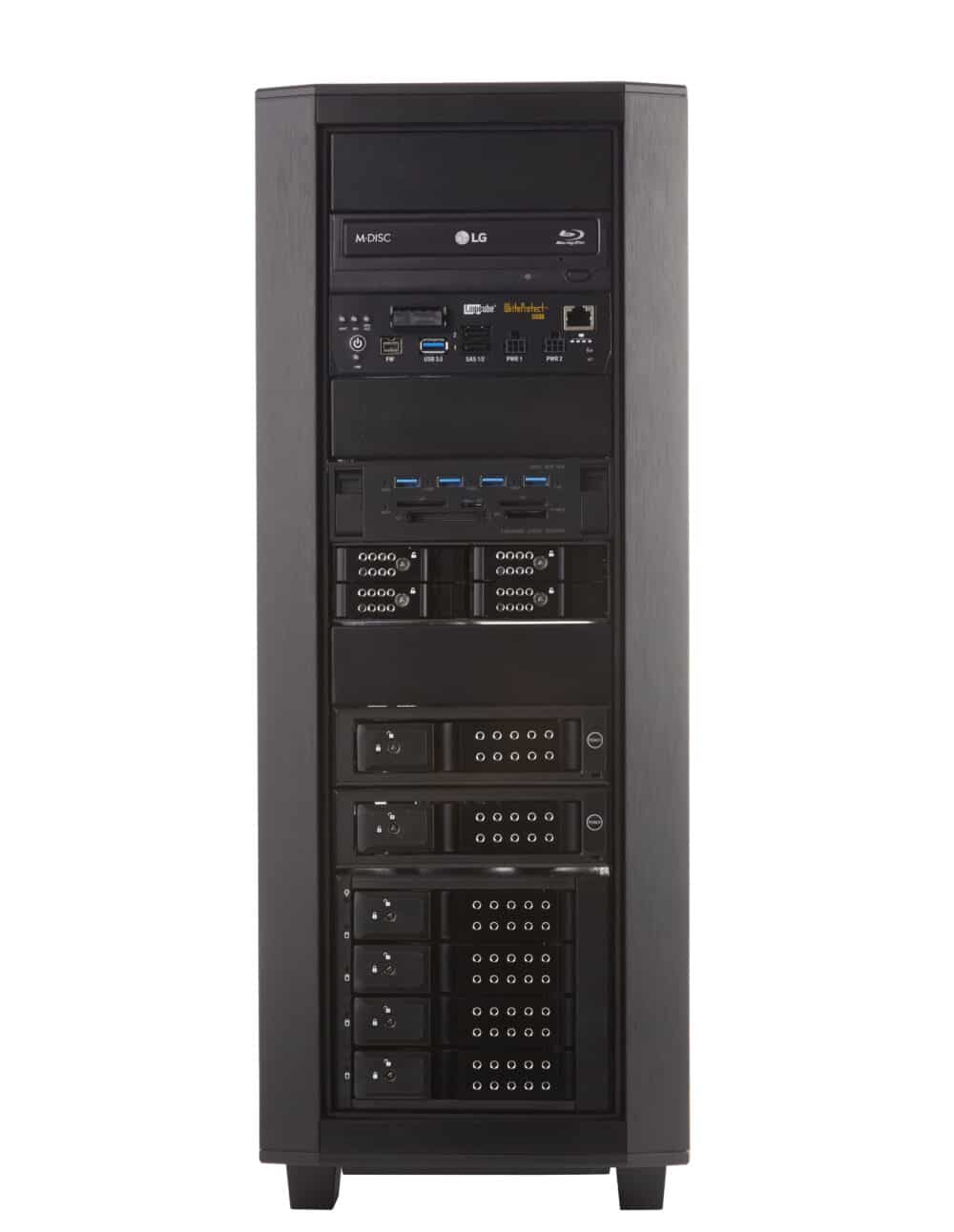 A black computer tower with a number of drives on it.