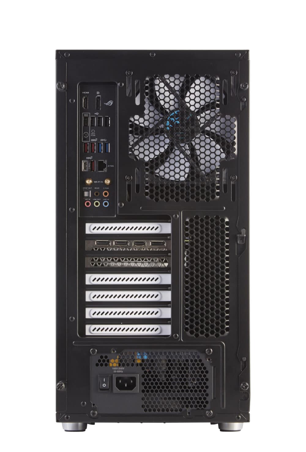 A black computer case with a fan on the side.
