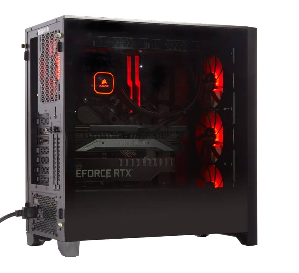 A black pc case with red lights.