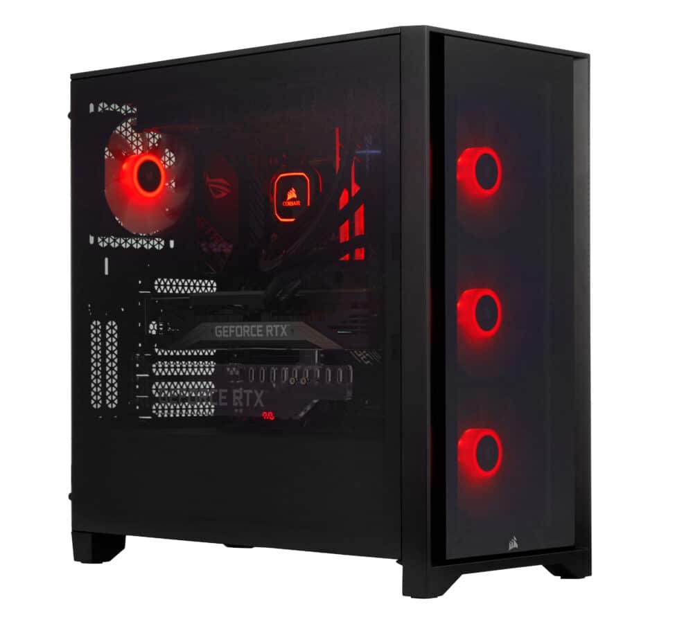 A black gaming pc case with red lights.
