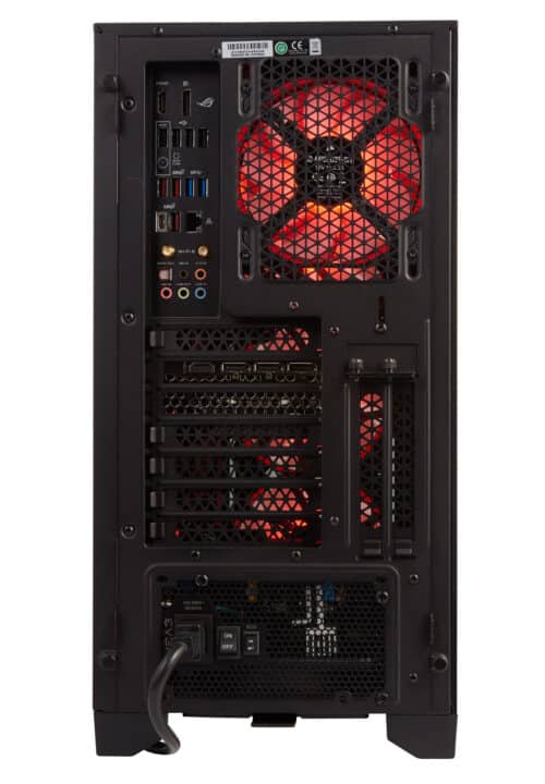 A black gaming case with a red fan.