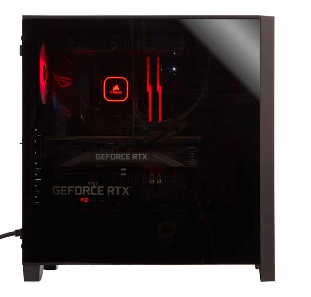 A black gaming pc with red lights on it.