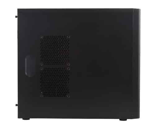 Black computer case tower with vented side panel, isolated on white background.