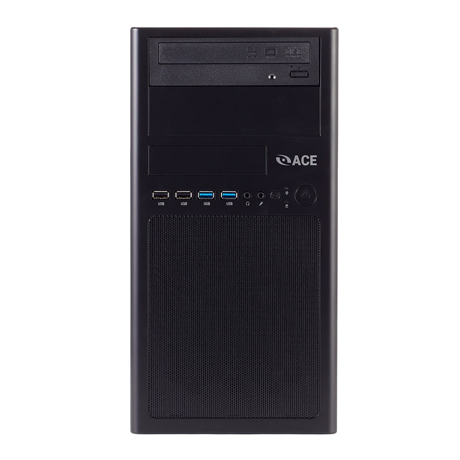 Black desktop computer tower for Enterprise with front usb ports and power button.