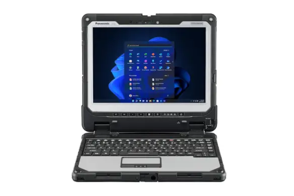 A laptop computer with a built-in keyboard, used by the Department of Air Force.