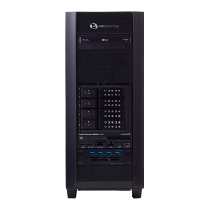 Tower server with multiple drive bays and front panel usb ports.