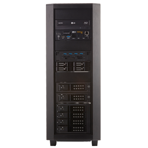 A tower server with multiple drive bays and status indicator lights.