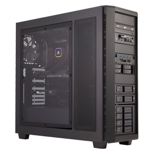 Mid-tower desktop pc with transparent side panel, showing internal components and multiple drive bays.