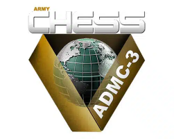 Logo featuring the words "military chess" with a stylized earth inside a golden diamond shape, labeled "admc-3.