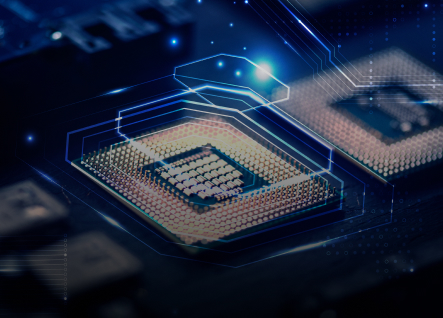 Close-up of a microchip with highlighted layers and data flow visualization, emphasizing new chip architecture and technology.