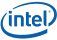 The image shows the Intel logo in blue with a circular swoosh around the word "intel," emphasizing its new partners.