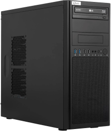 New desktop computers boast black cases with front optical drives, USB ports, and ventilation grilles.