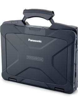 A Panasonic Toughbook laptop case in a GSA CCS-3 hard shell design, predominantly dark gray, with a handle on the top.