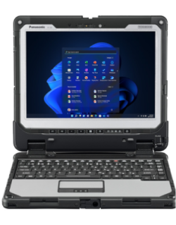 Rugged Panasonic laptop with Windows on display, open on a desk, showcasing its durable design and keyboard, compliant with New GSA CCS-3 standards.