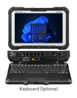 Rugged laptop with optional keyboard, exhibiting a GSA CCS-3 QEB operating system on screen, encased in a durable frame with multiple ports visible.