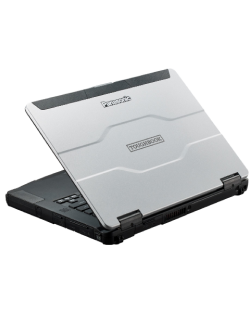A Panasonic Toughbook laptop with a rugged gray and black design, displayed partially open on a white background, compliant with GSA CCS-3 standards.