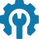 Blue icon of a gear and a wrench, representing settings or maintenance, evokes the precision and reliability akin to military standards.