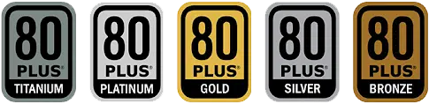 Icons for 80 Plus certification levels for power supply units: Titanium, Platinum, Gold, Silver, and Bronze, emphasizing sustainability.