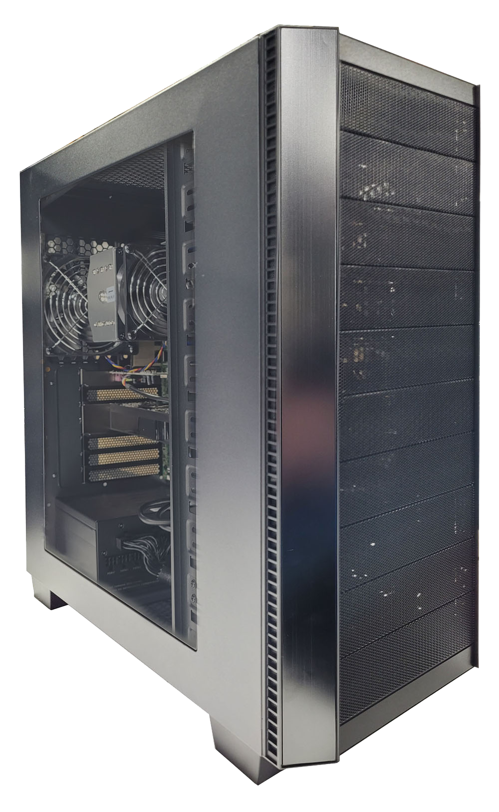 A mid-size black computer tower with a side panel revealing internal components, including cooling fans and various installed hardware, meets the rigorous standards set by GSA for high-performance computing solutions.