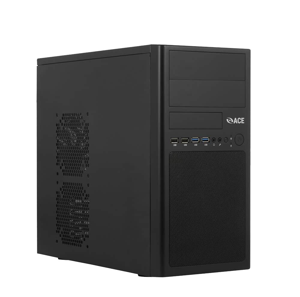 Black desktop computer tower with ventilation grills on the side and front, multiple ports including USB and audio jacks on the front panel, and the word "ACE" on the upper right corner. Ideal for GSA CCS-3 compliant systems.