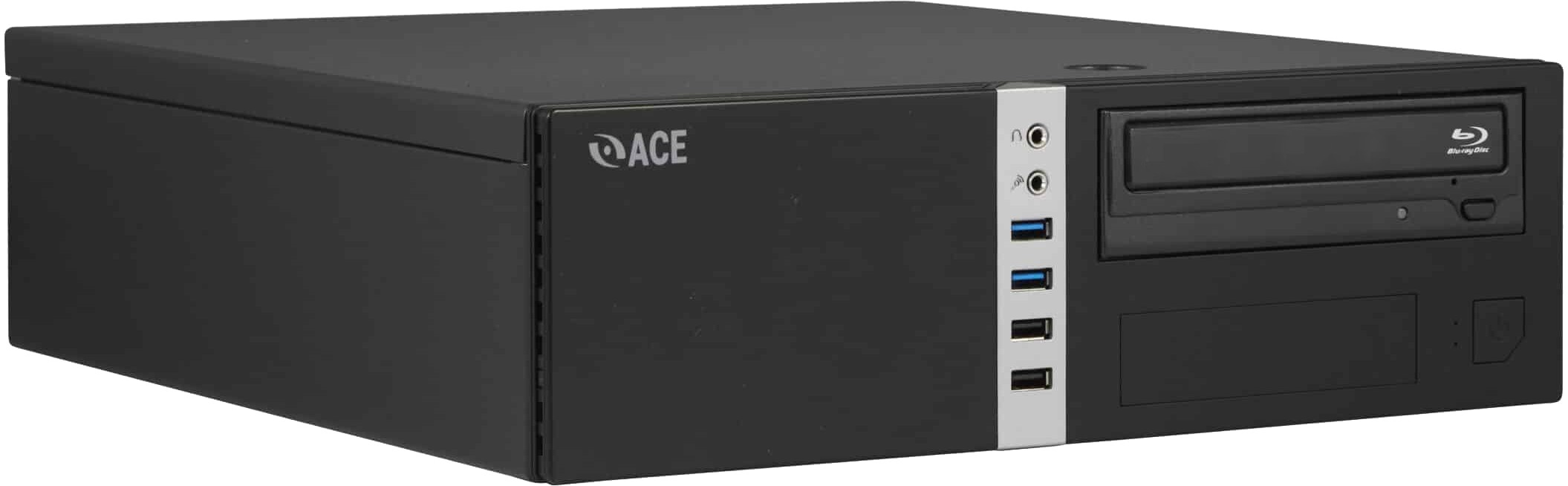Black desktop computer case with front-facing USB ports, audio jacks, a Blu-ray drive, and the brand logo "ACE" on the left side. Integrated for GSA CCS-3 compatibility, it ensures seamless connectivity and high performance.