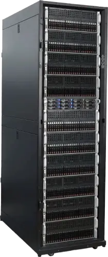 Image of a tall black server rack filled with multiple servers, featuring numerous slots with visible hardware components and ventilation grids, resembling the organization found in high-end desktop and workstation setups.