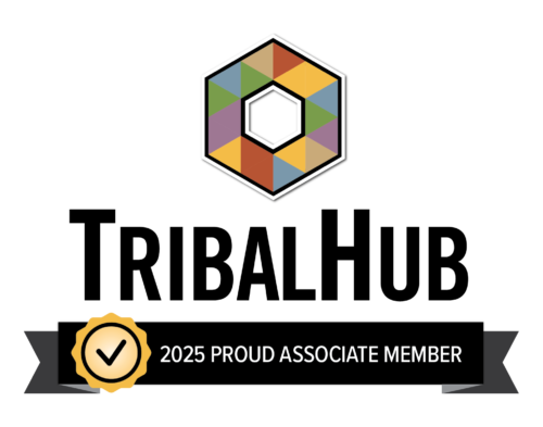 TribalHub logo with geometric design and text "2025 Proud Associate Member" on a banner with a checkmark badge.