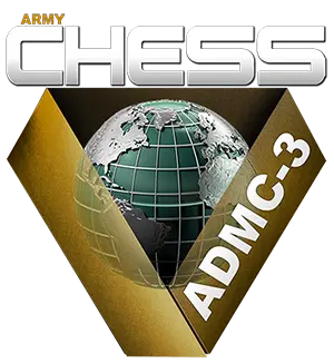 Logo featuring the text "Army Chess ADMC-3" with a globe centered between two angled, gold-colored panels.