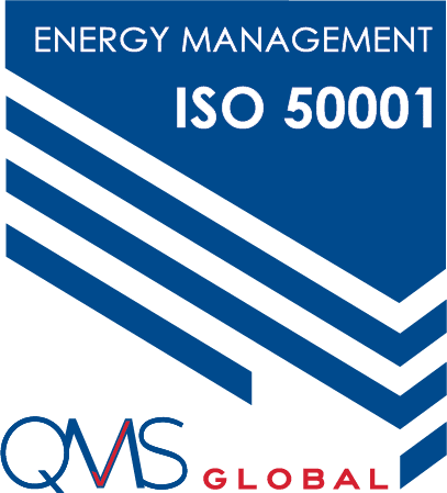 Logo featuring "Energy Management ISO 50001" with blue geometric lines and "QMS Global" text at the bottom.