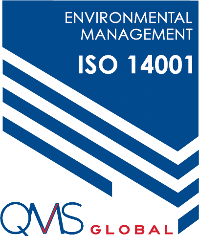 Blue geometric design with text: "Environmental Management ISO 14001" and "QMS Global.