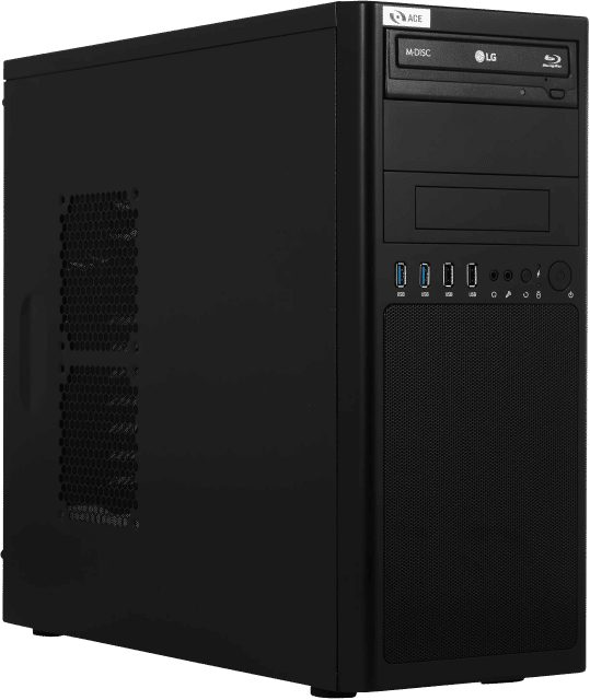 The black desktop computer tower from Ace Computers features a sleek design with convenient front-panel USB ports, audio jacks, and an optical drive.