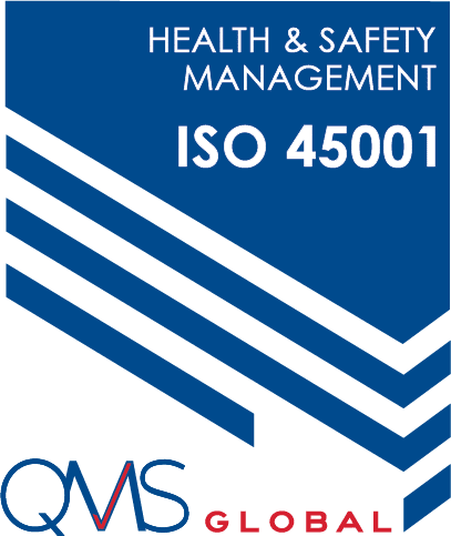 Blue and white graphic displaying "Health & Safety Management ISO 45001" with the "QMS Global" logo, brought to you by Ace Computers.