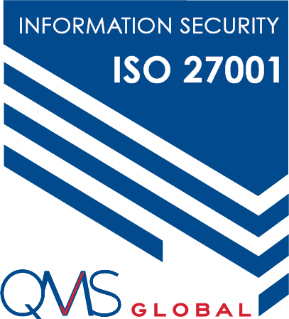 Logo featuring "QMS Global" with text "Information Security ISO 27001" and three blue diagonal stripes.