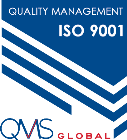 Logo displaying "Quality Management ISO 9001" with blue stripes and "QMS Global" in red and blue text.