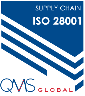 The logo of QMS Global for ISO 28001 Supply Chain certification, featuring blue diagonal lines, seamlessly aligns with the innovative standards upheld by Ace Computers.