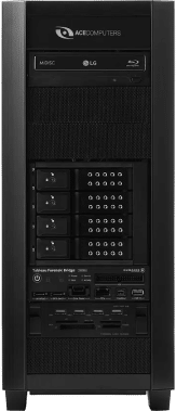 Front view of a sleek black computer tower showcasing an "Ace Computers" logo at the top, with an optical drive, multiple hard drive bays, and various ports for versatile connectivity.