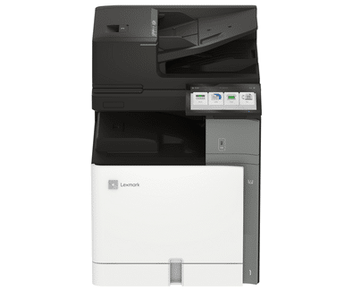 A Lexmark multifunction printer with a touchscreen display, featuring paper trays and a document feeder on top.