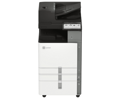 A large black and white multifunction printer with a control panel on top and multiple paper trays below.