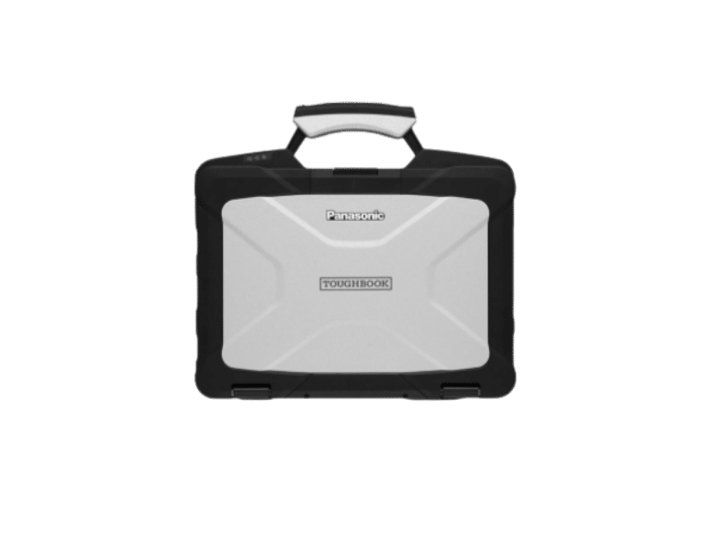 A Panasonic Toughbook, a rugged, silver and black laptop with a sturdy handle, designed for durability.