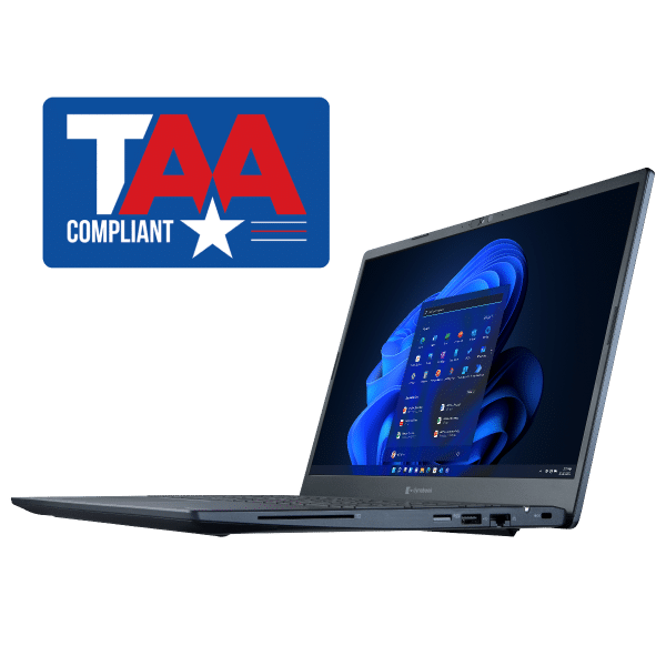 Laptop displaying Windows interface at an angle, next to a TAA Compliant logo with blue and red text and a star graphic.