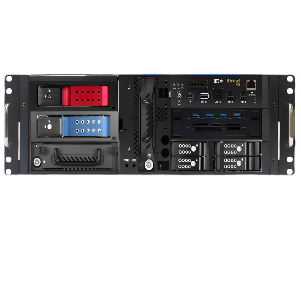 The Force Series rack-mounted computer server by Ace Computers features visible ports, buttons, and drive bays. It includes handles on both sides with various controls and indicators on the front panel.