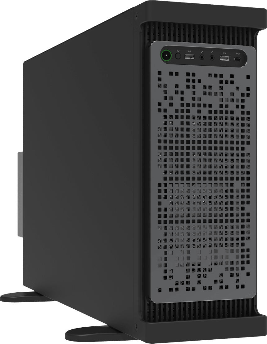 A black desktop computer tower standing vertically with a vented front panel, USB ports, audio jacks, and a power button on the top front.