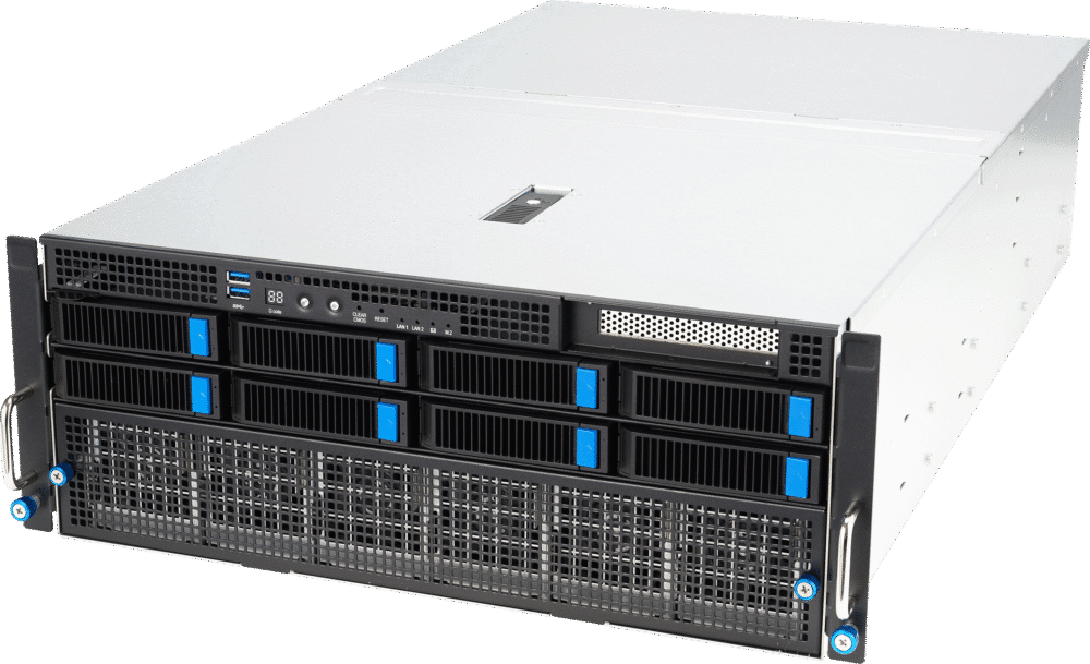 A rackmount server with multiple front-facing drive bays, cooling fans, and control panel, housed in a metal enclosure.