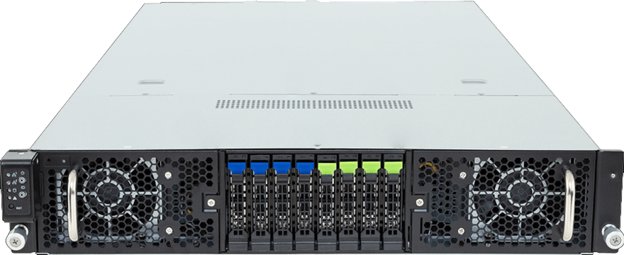 Front view of a rack-mounted server with multiple drive bays, cooling fans, and indicator lights visible.