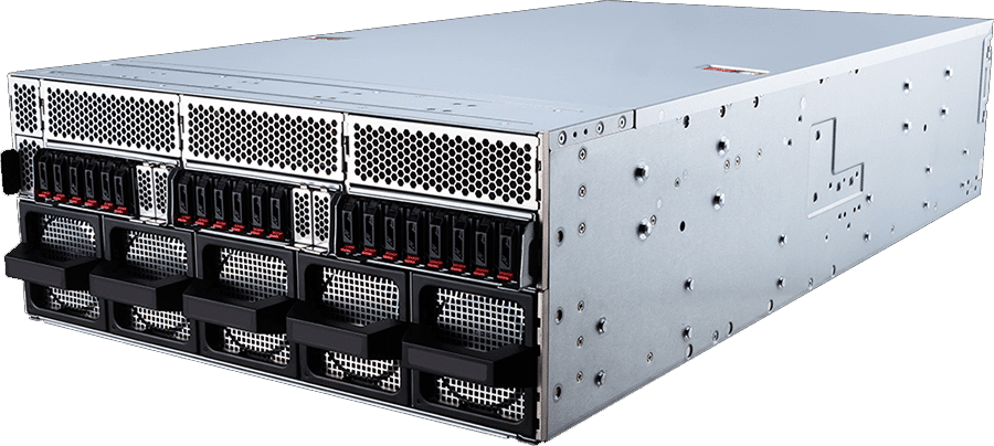 A silver rack-mounted server unit with multiple front-facing drive bays and cooling vents.